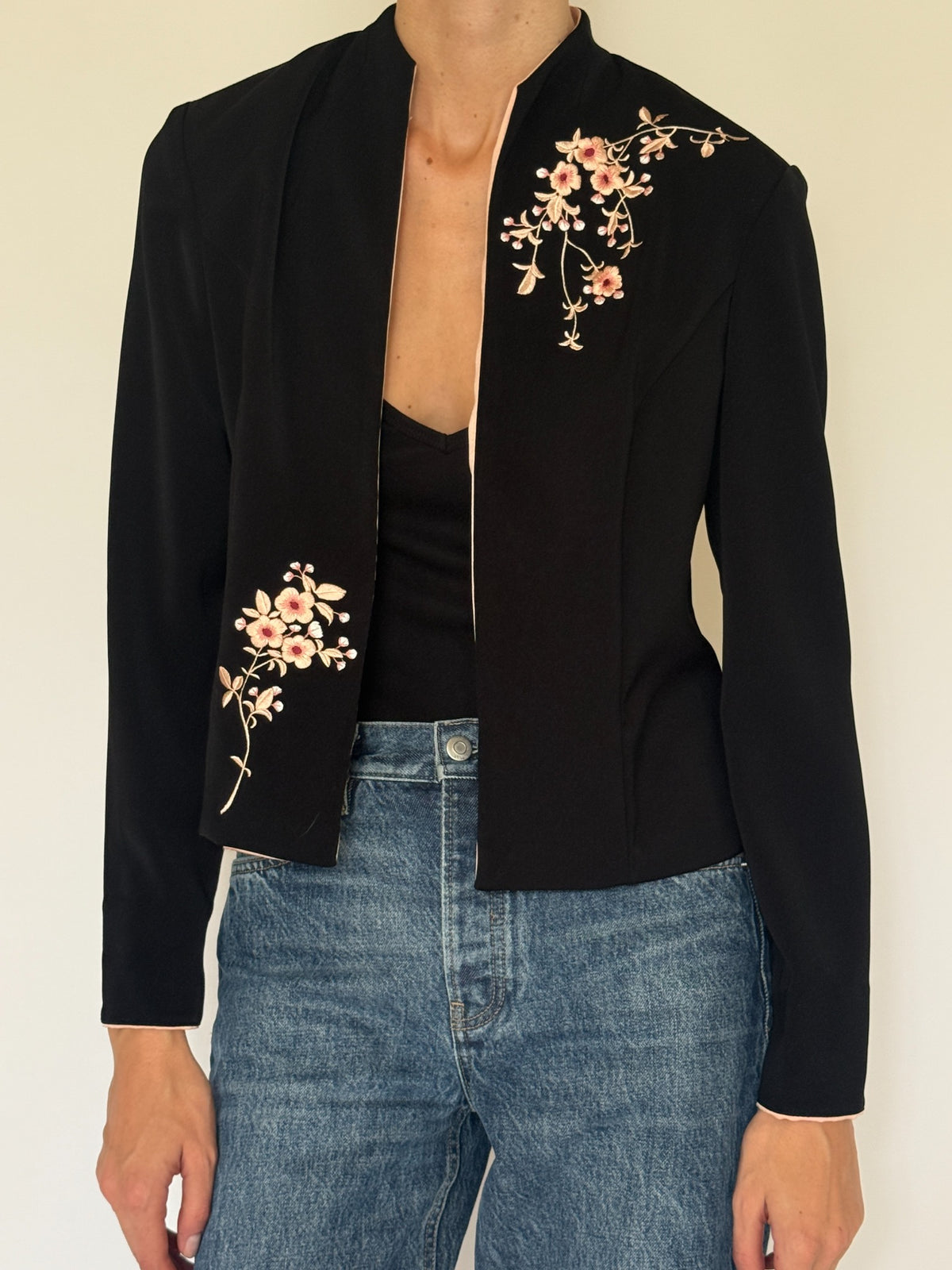 Vintage embroidered open-front jacket black final angle