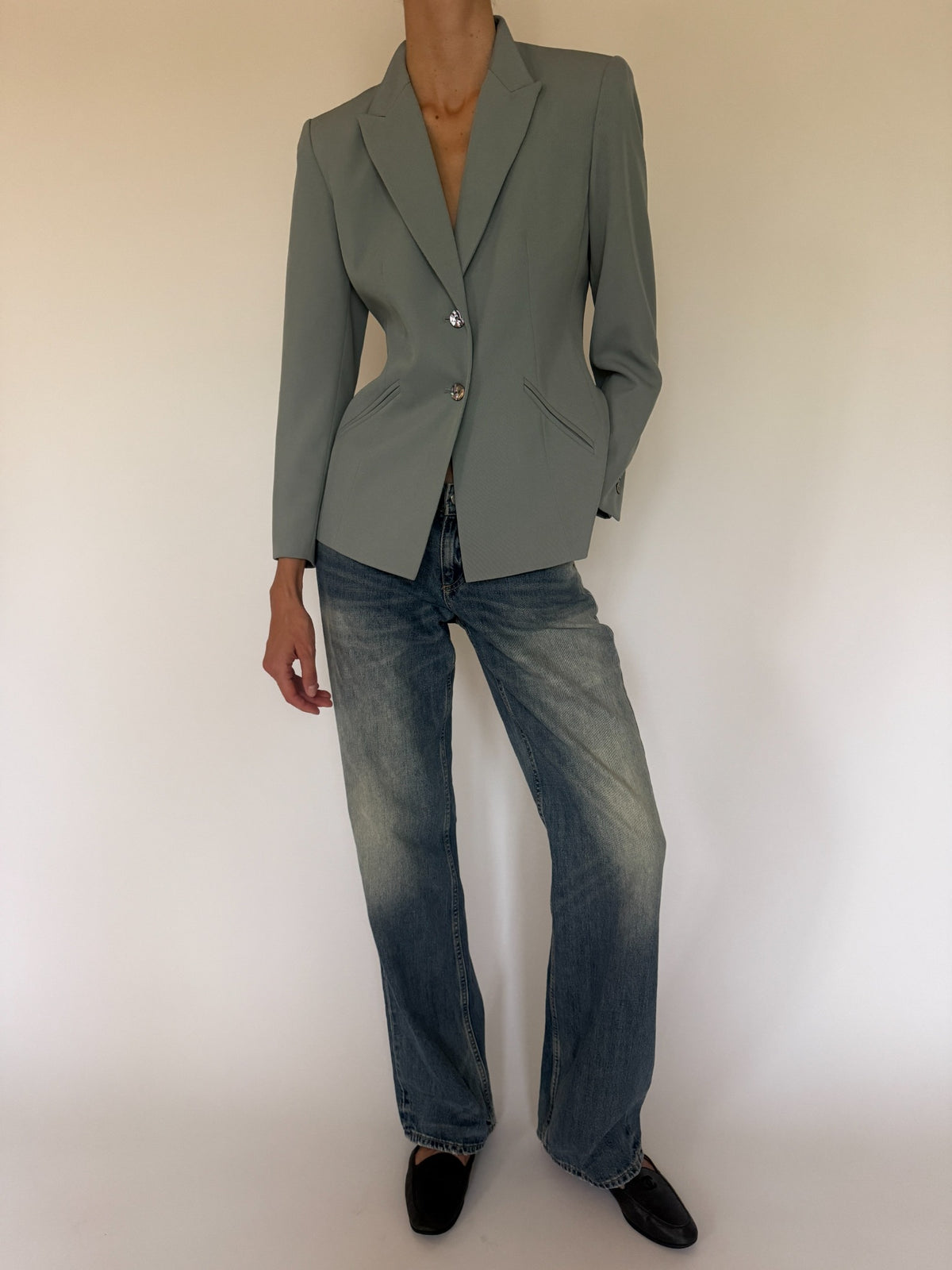 Vintage fitted blazer front view in faded mint