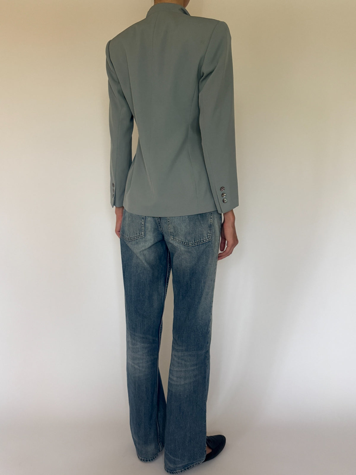 Vintage fitted blazer back view in faded mint