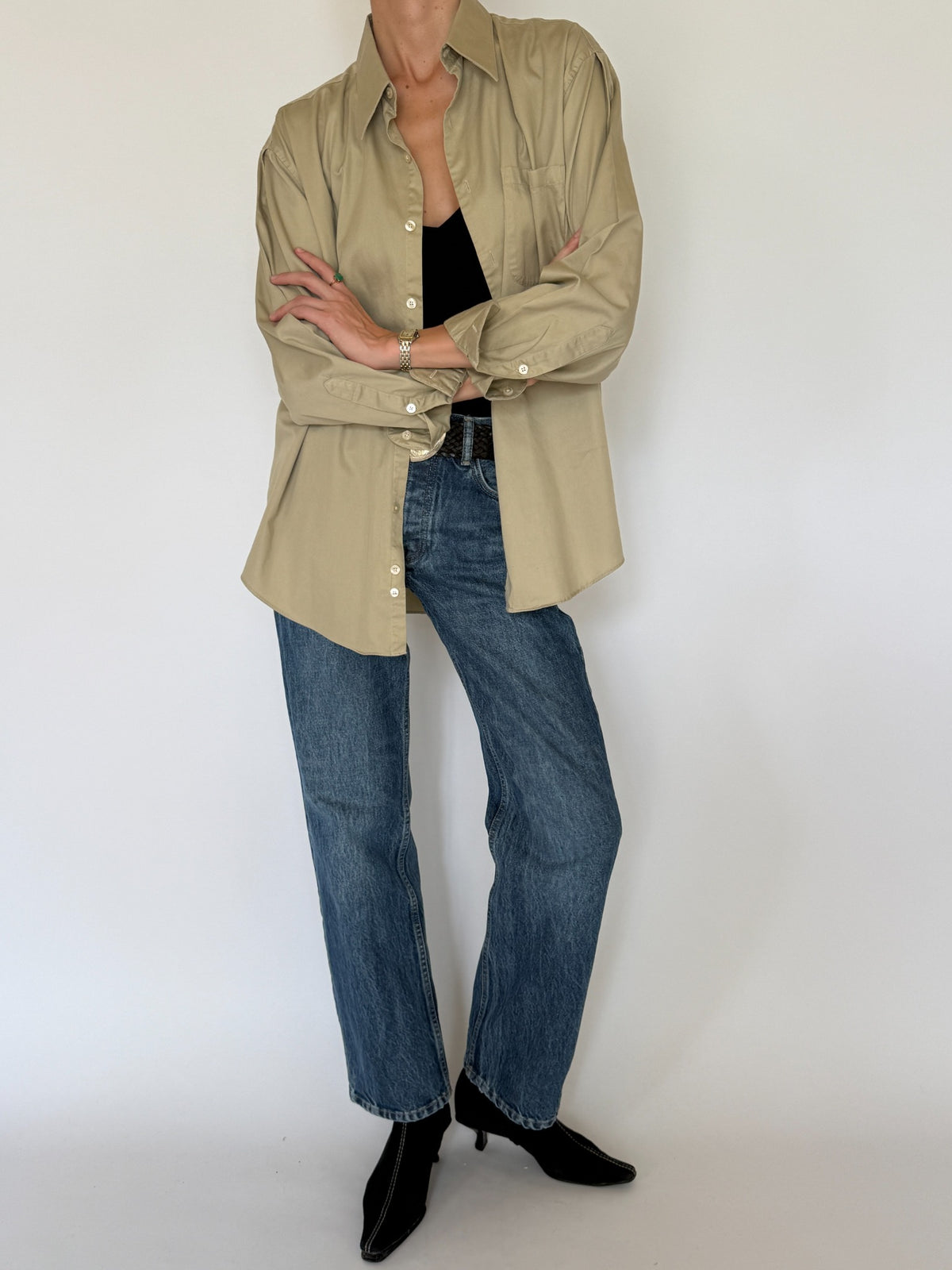 Vintage khaki oversized button-up shirt final styled angle