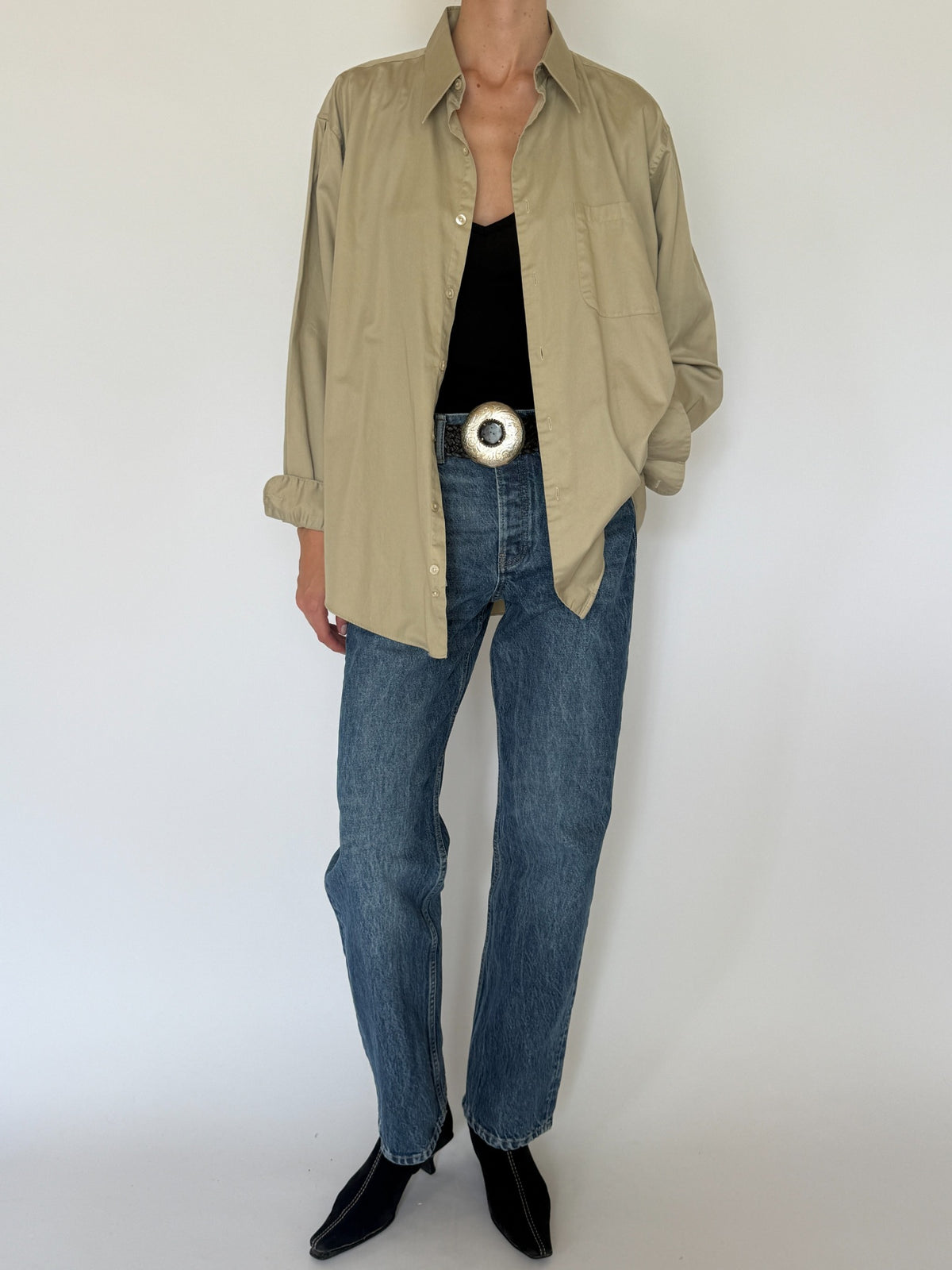 Vintage khaki oversized button-up shirt front view