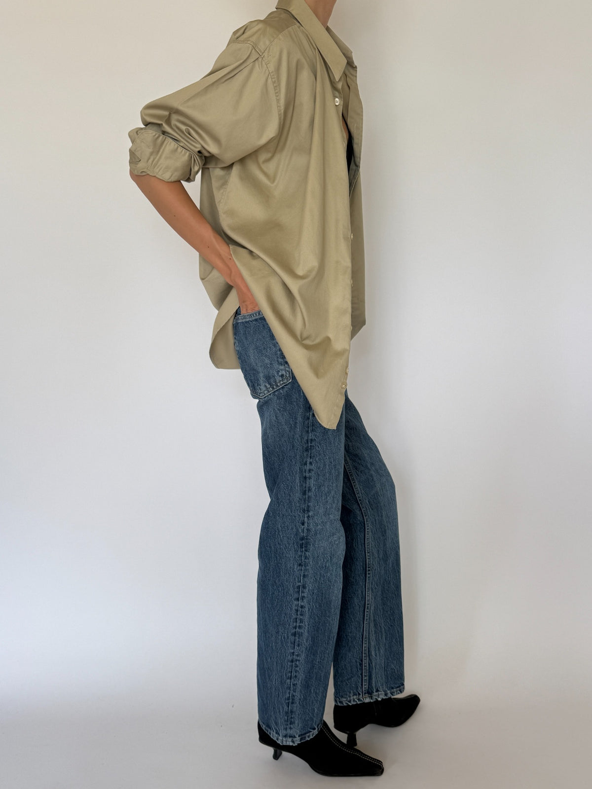 Vintage khaki oversized button-up shirt side view