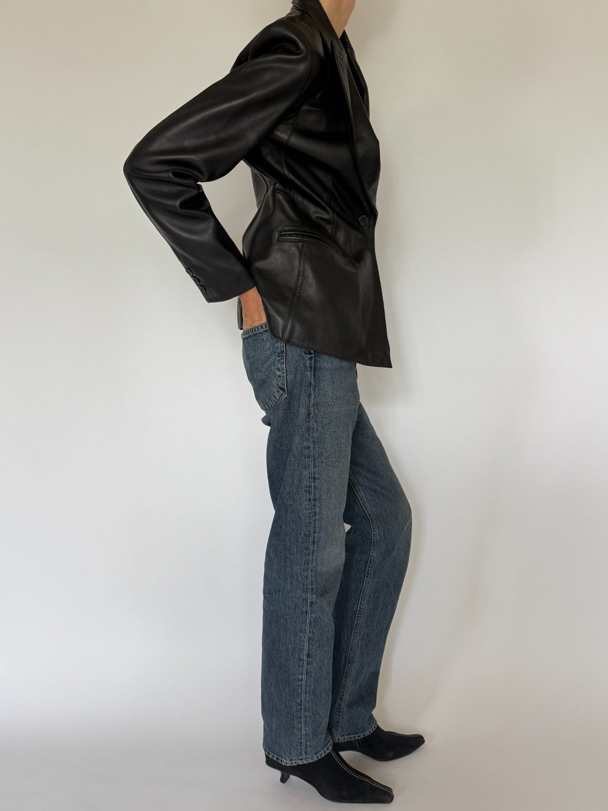 Vintage black leather blazer side view
