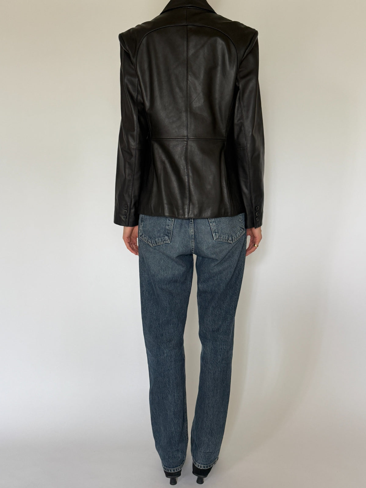 Vintage black leather blazer back view