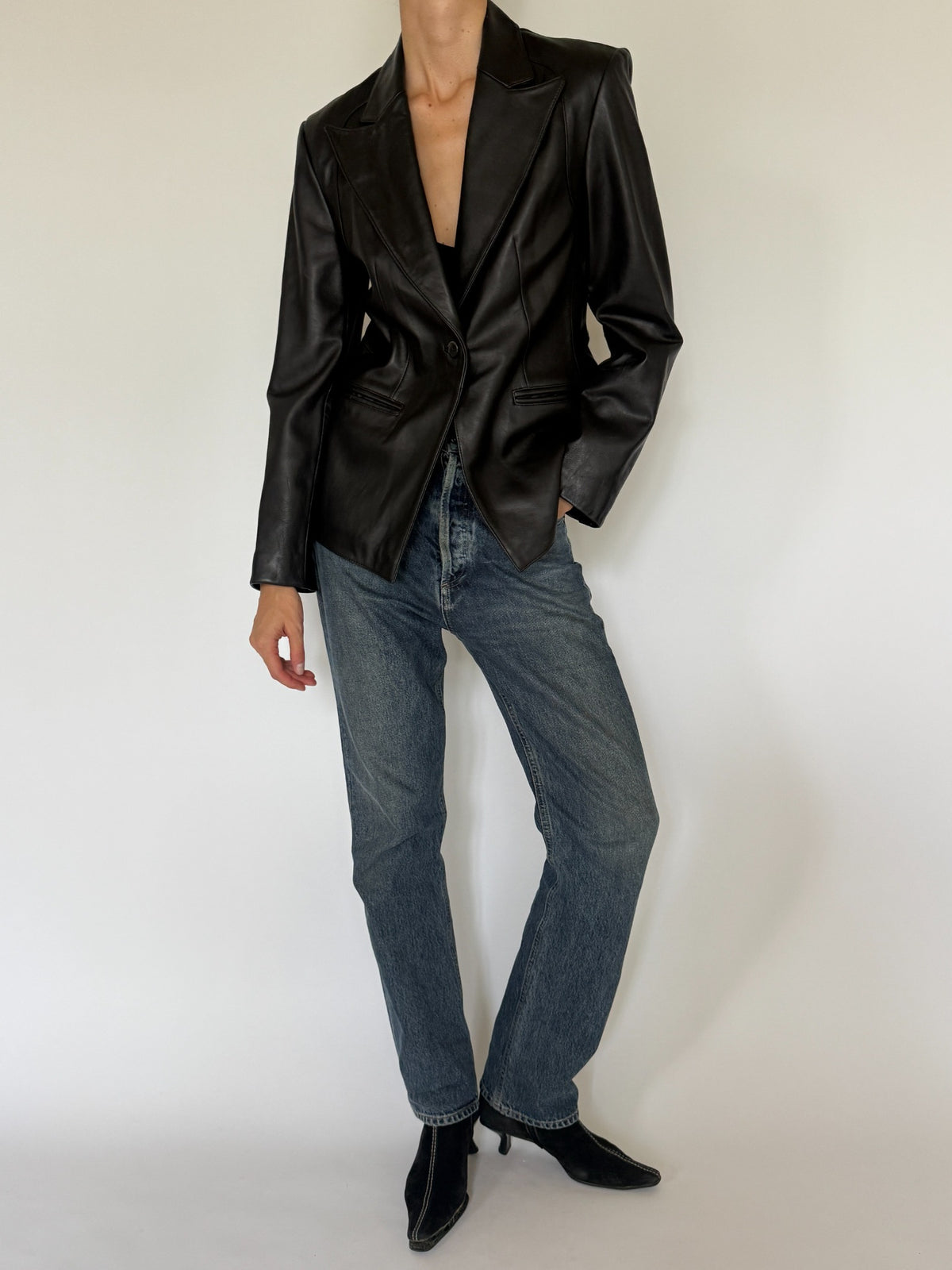 Vintage black leather blazer full front view