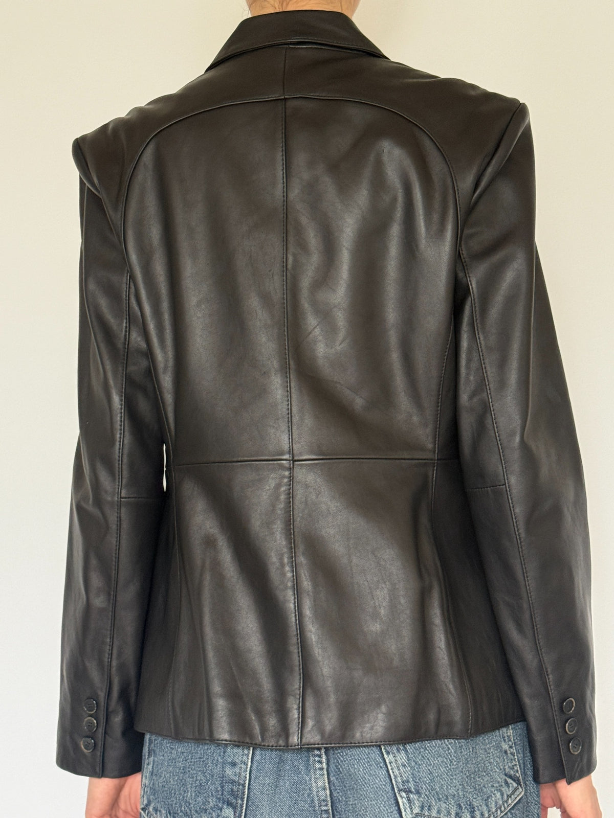 Vintage black leather blazer front angle