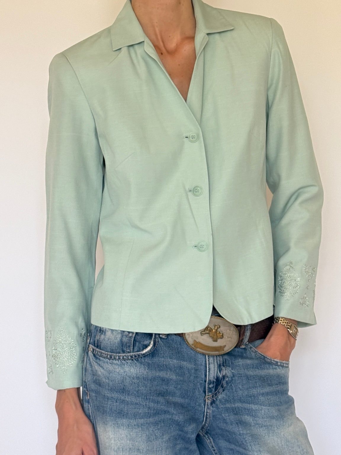 Vintage mint embroidered fitted jacket front view