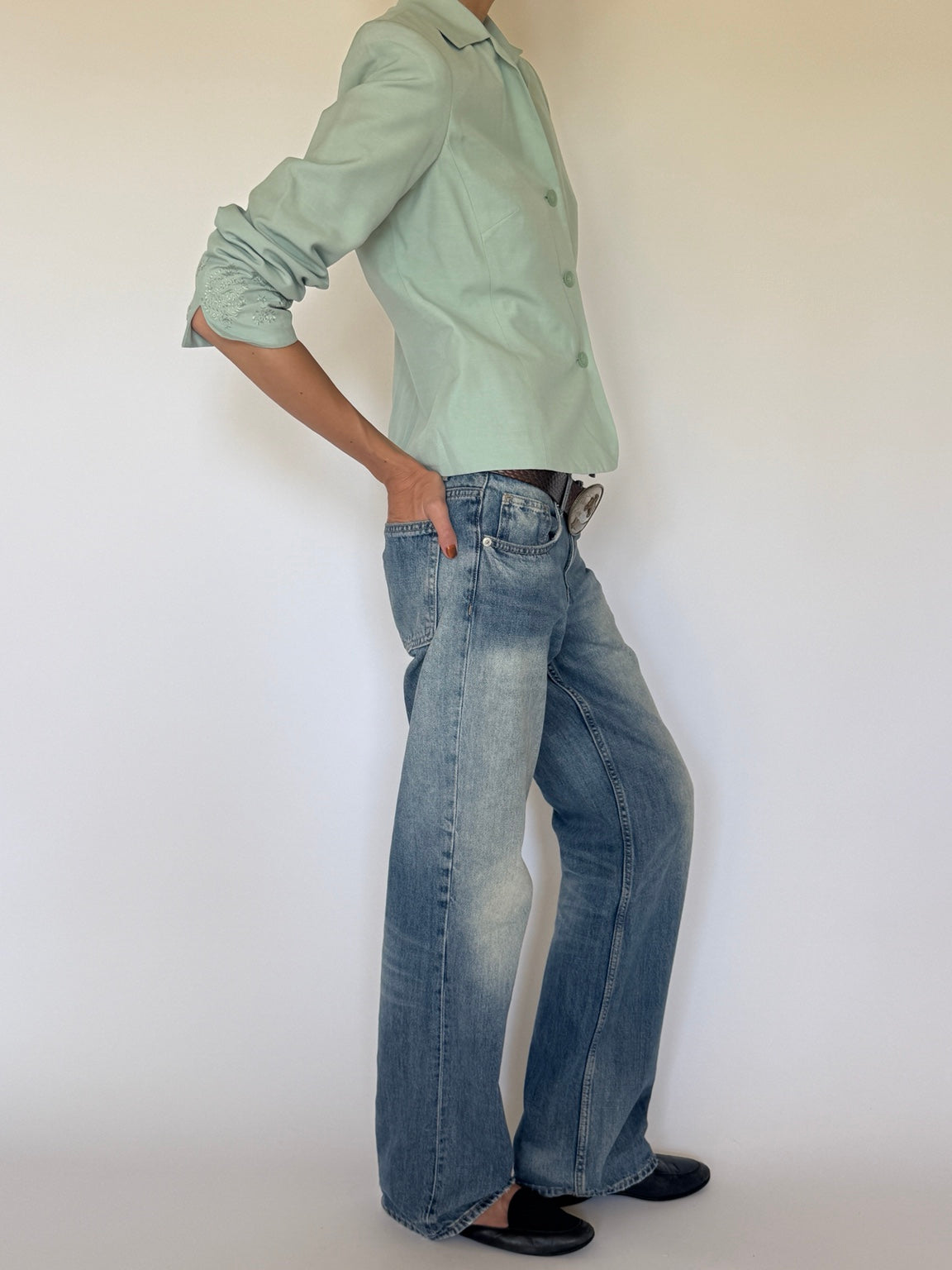 Vintage mint embroidered fitted jacket full-body side view