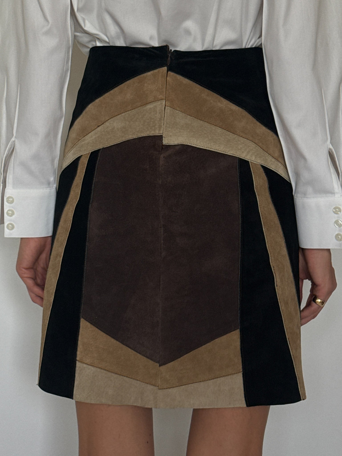 Vintage patchwork leather mini skirt back panel and zipper detail