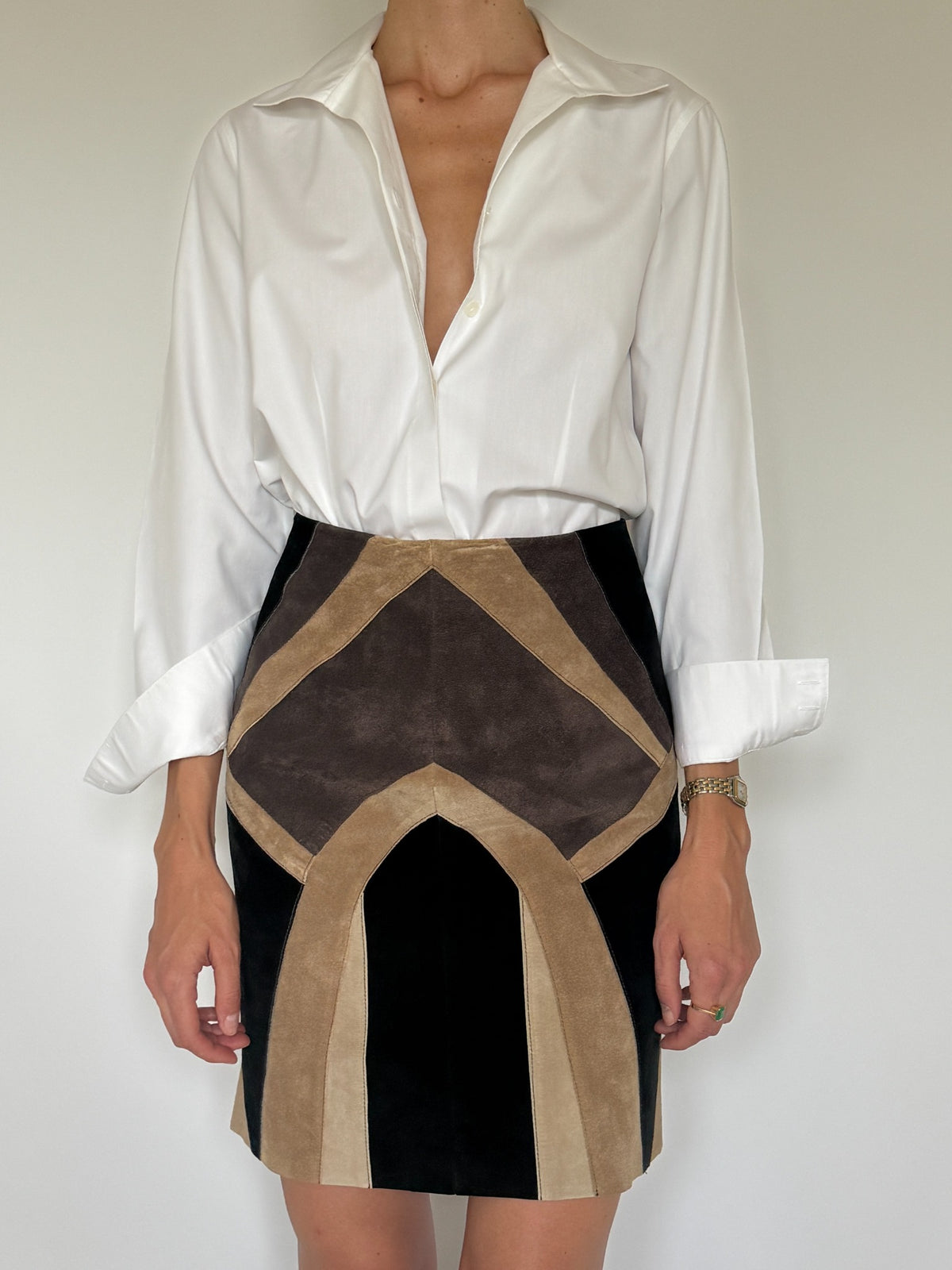 Vintage patchwork leather mini skirt final front angle