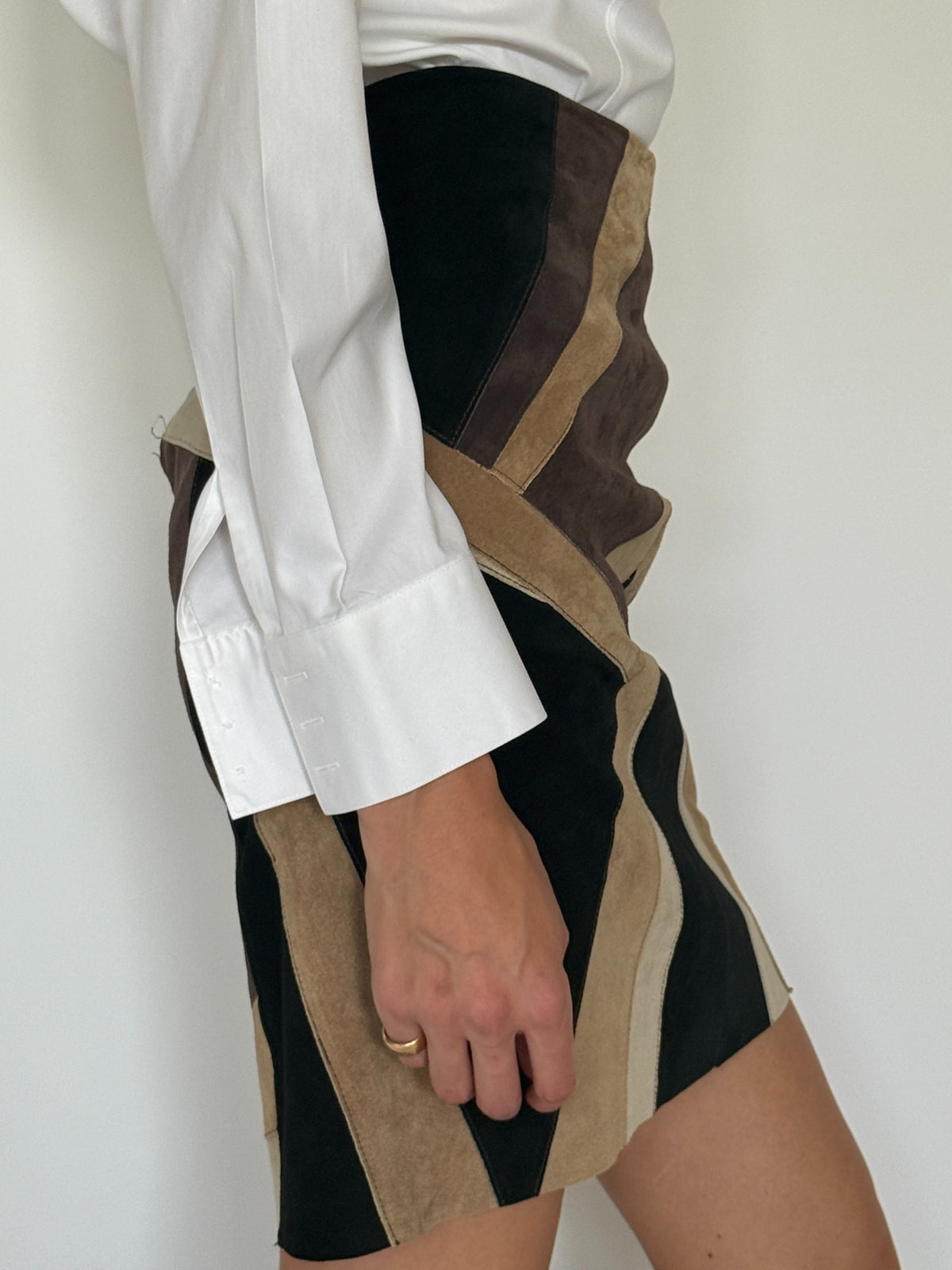 Vintage patchwork leather mini skirt close front view