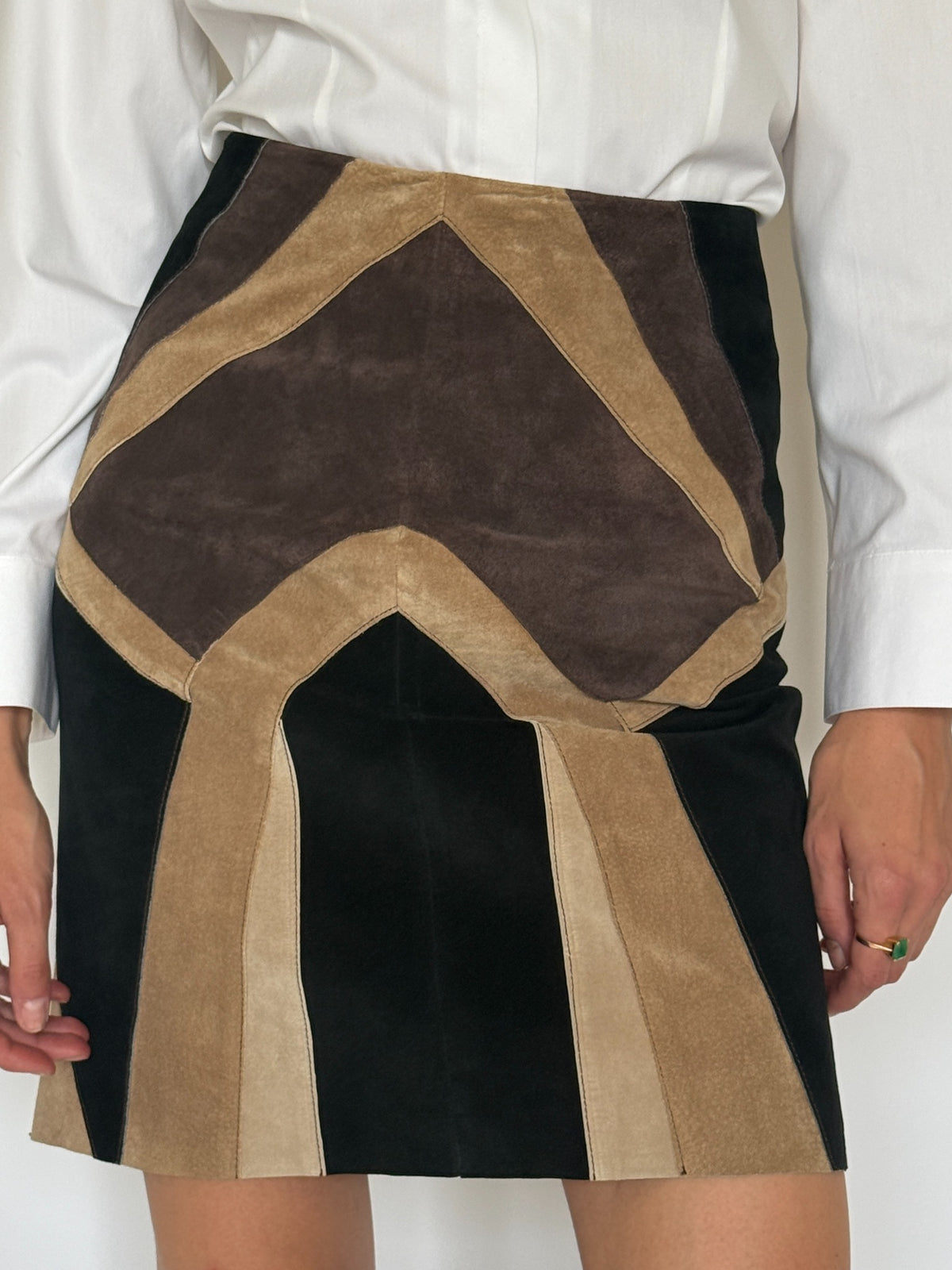 Vintage patchwork leather mini skirt front panel detail