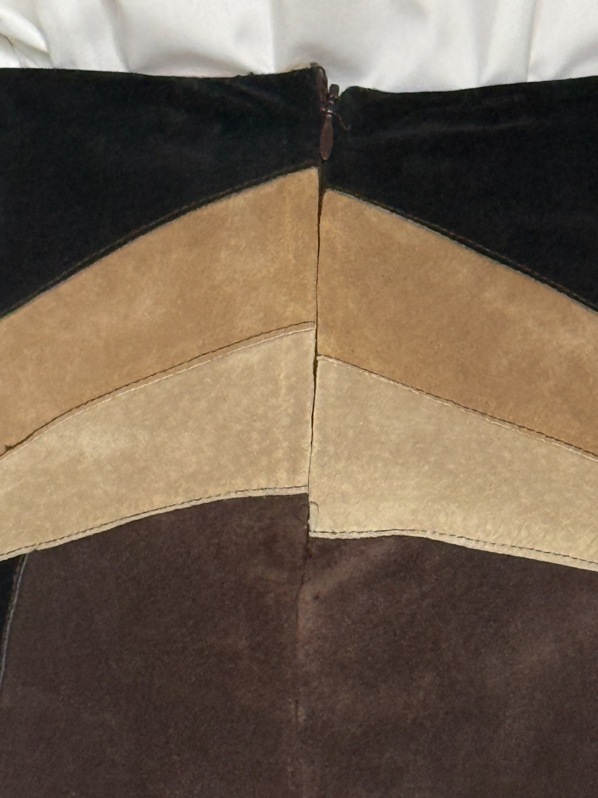 Vintage patchwork leather mini skirt back zipper and seam detail