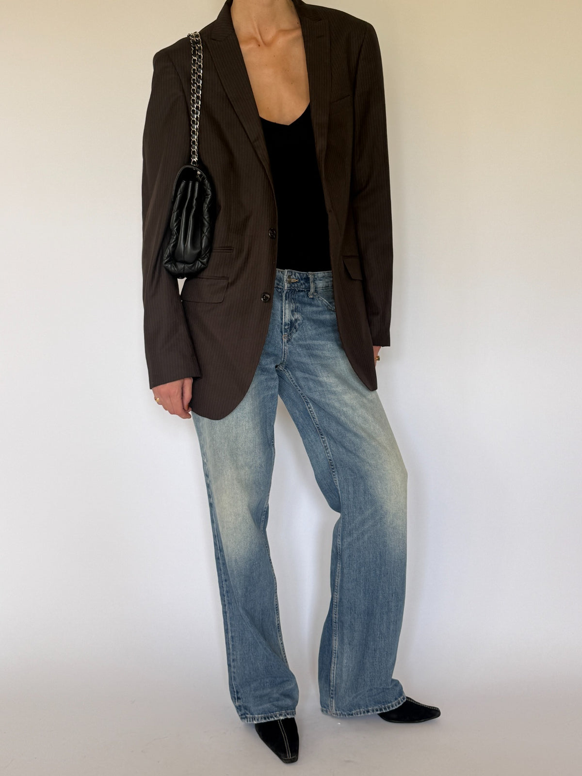 Vintage brown pinstripe single-breasted blazer front view