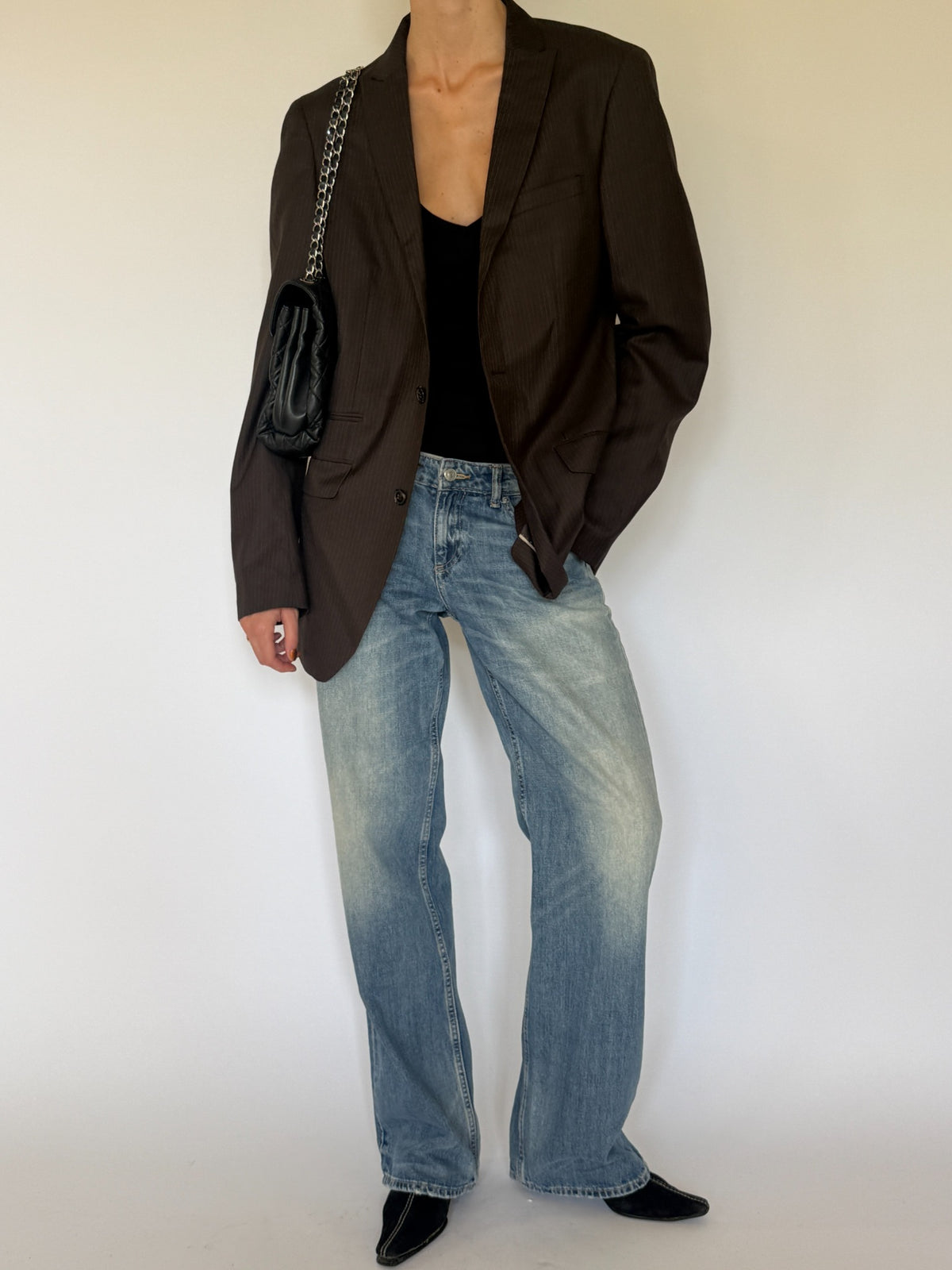 Vintage brown pinstripe blazer side view