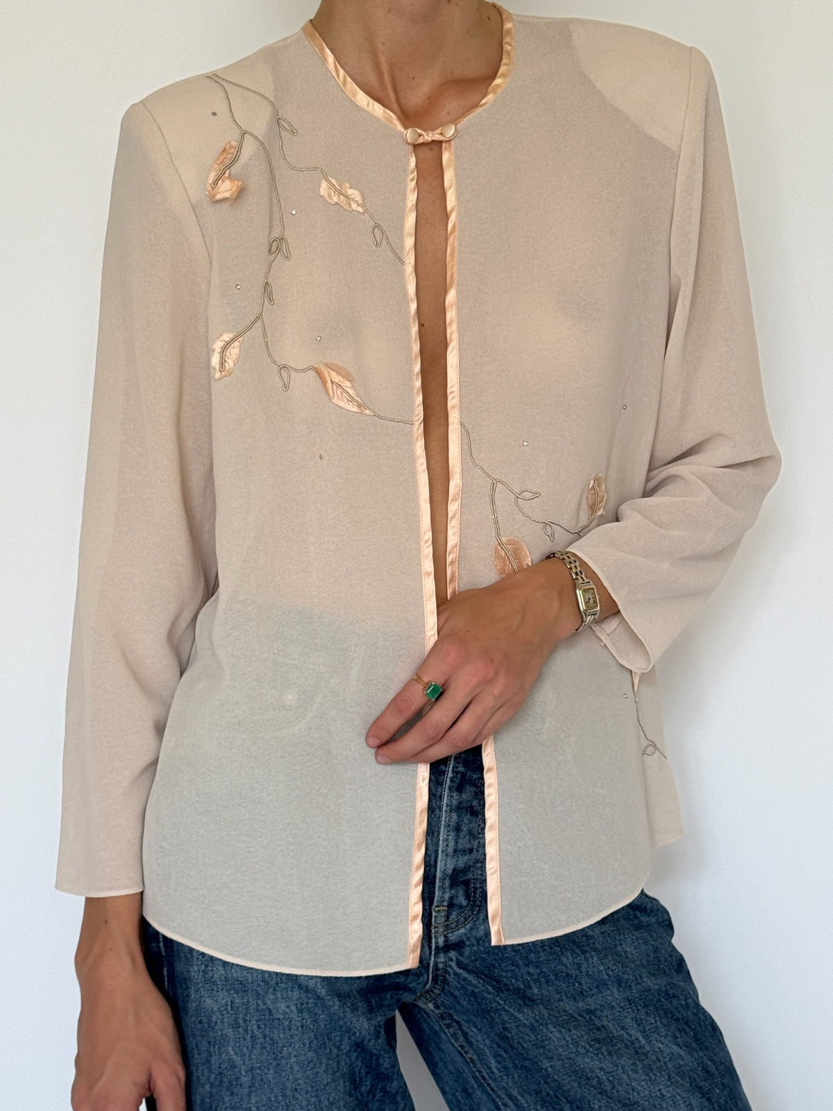 Vintage sheer embellished blouse dusty light pink front view