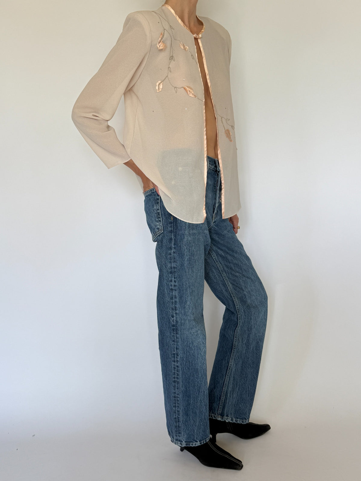 Vintage sheer embellished blouse dusty light pink side view