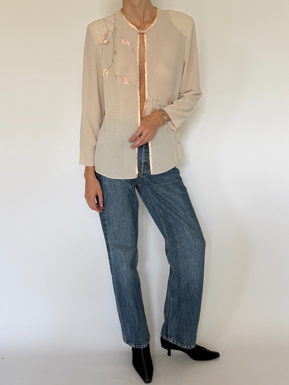 Vintage sheer embellished blouse dusty light pink full front view