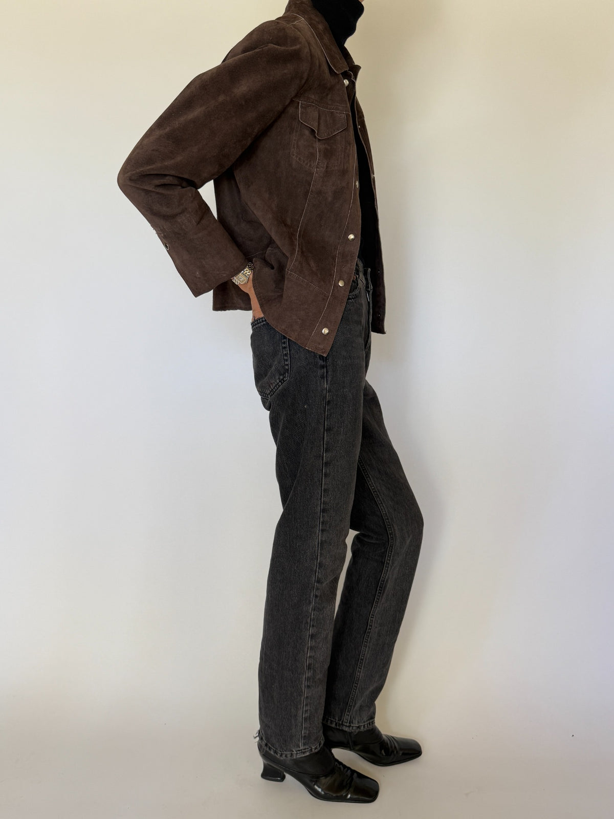 Vintage brown suede jacket side view