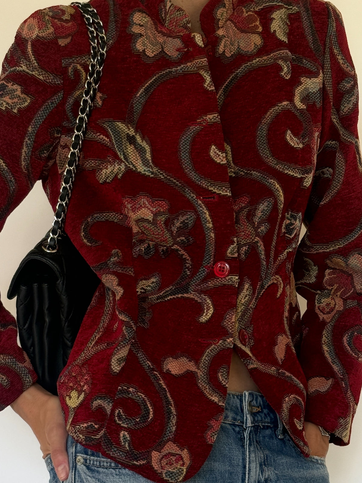Vintage burgundy tapestry jacket collar and front detail