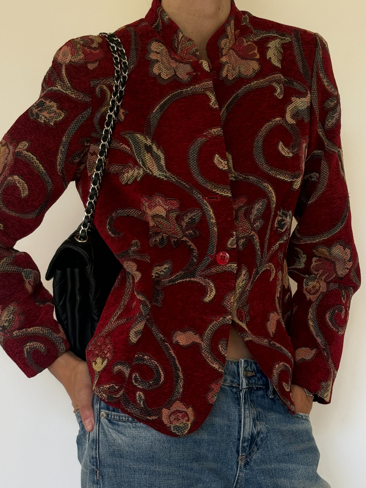 Vintage burgundy tapestry jacket styled front angle