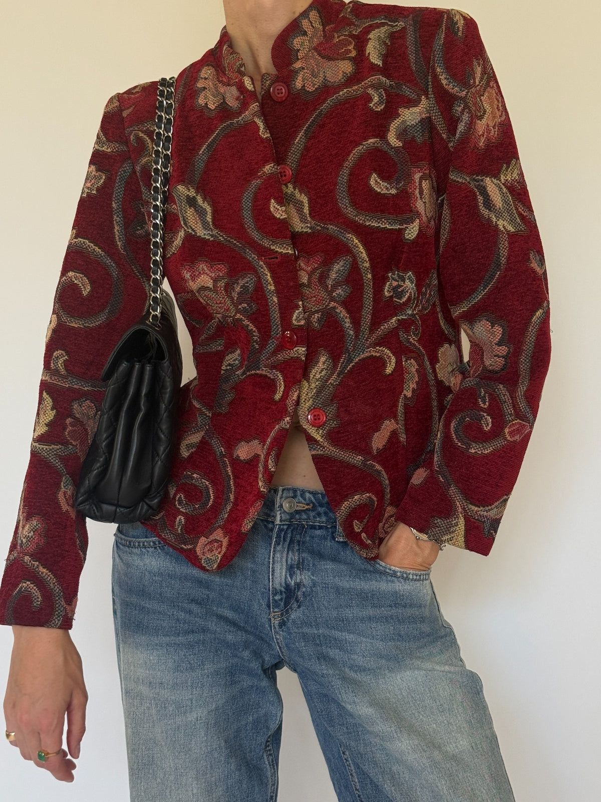 Vintage burgundy tapestry jacket front close view