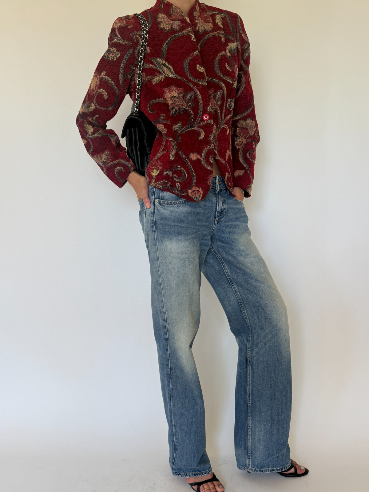 Vintage burgundy tapestry jacket full front view