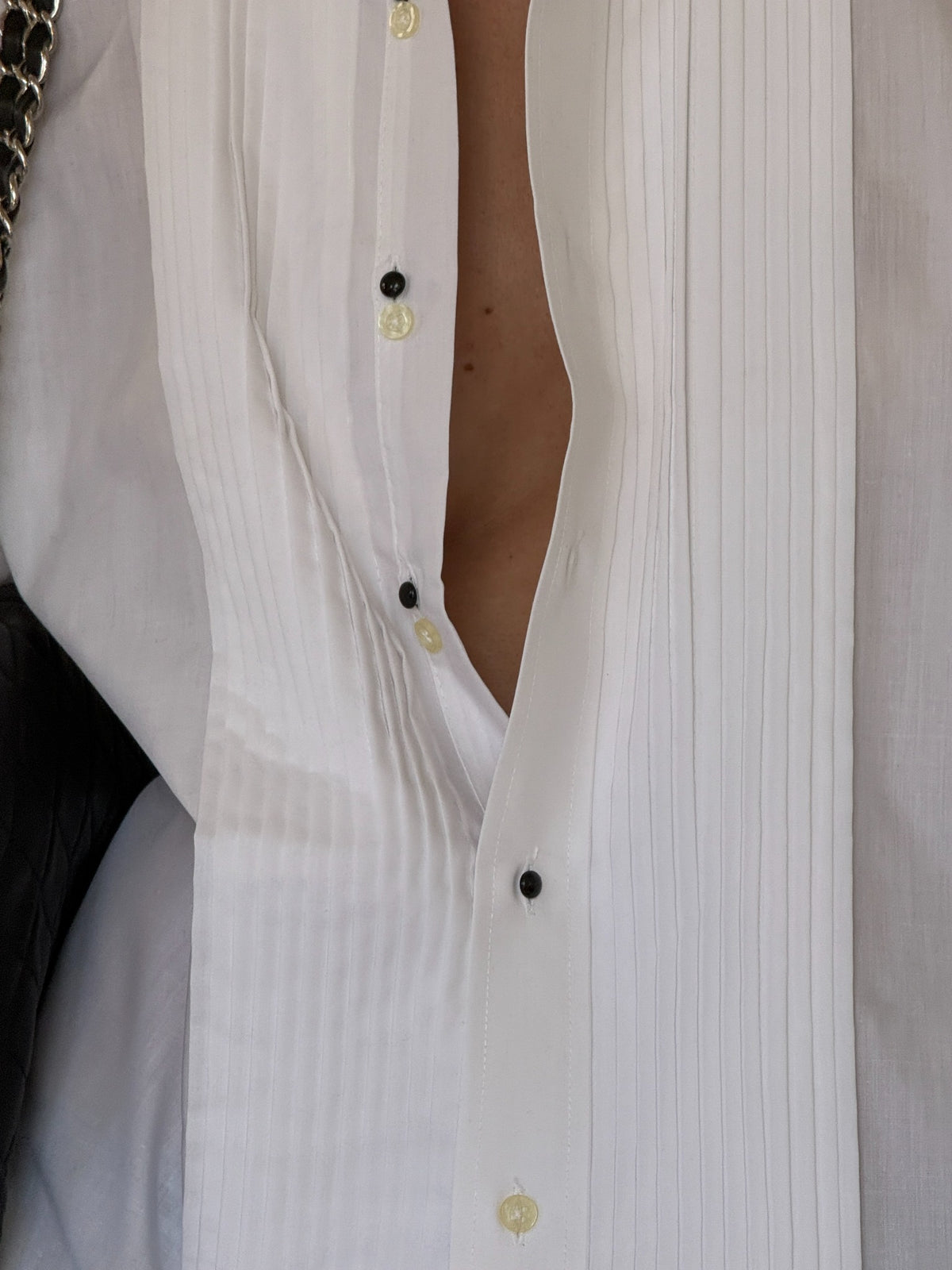 Vintage white tuxedo shirt pleated bib and button detail