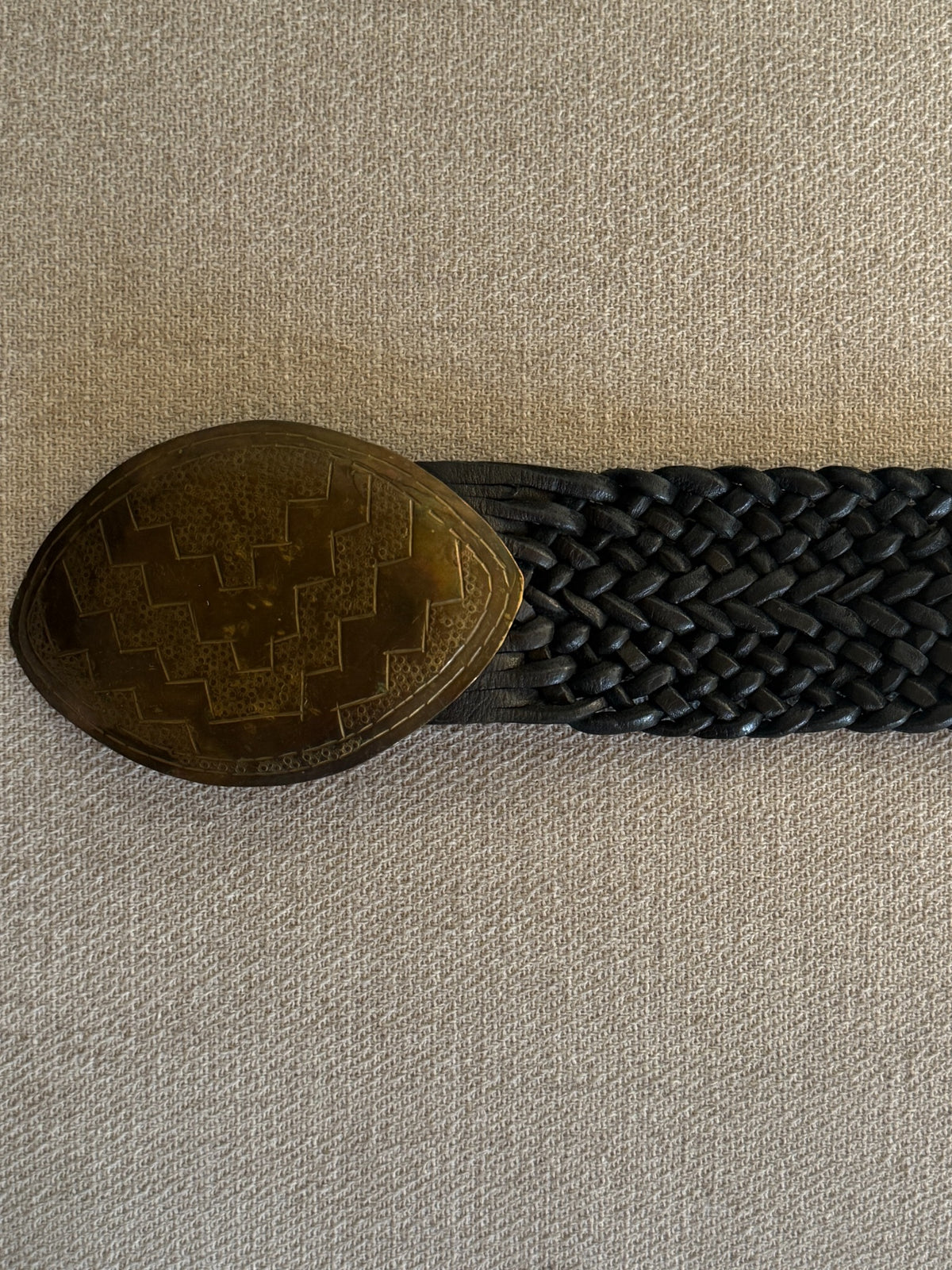 Vintage braided leather statement belt black buckle and strap view