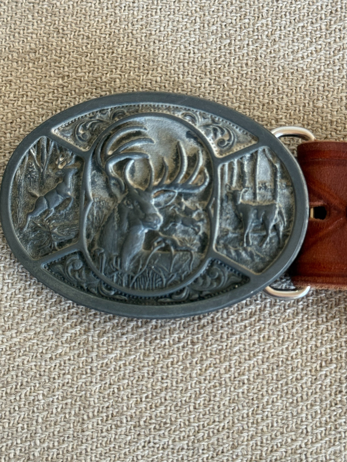 Vintage Western leather belt brown deer buckle detail