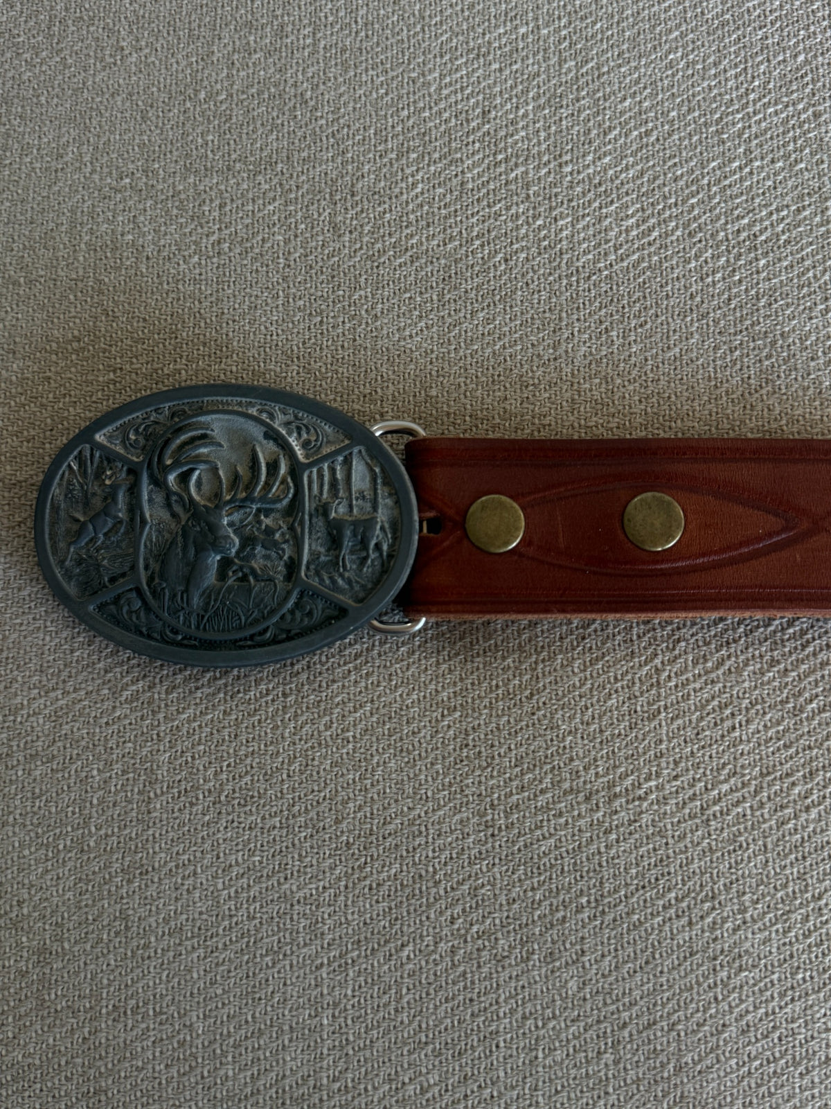 Vintage Western leather belt brown front buckle view