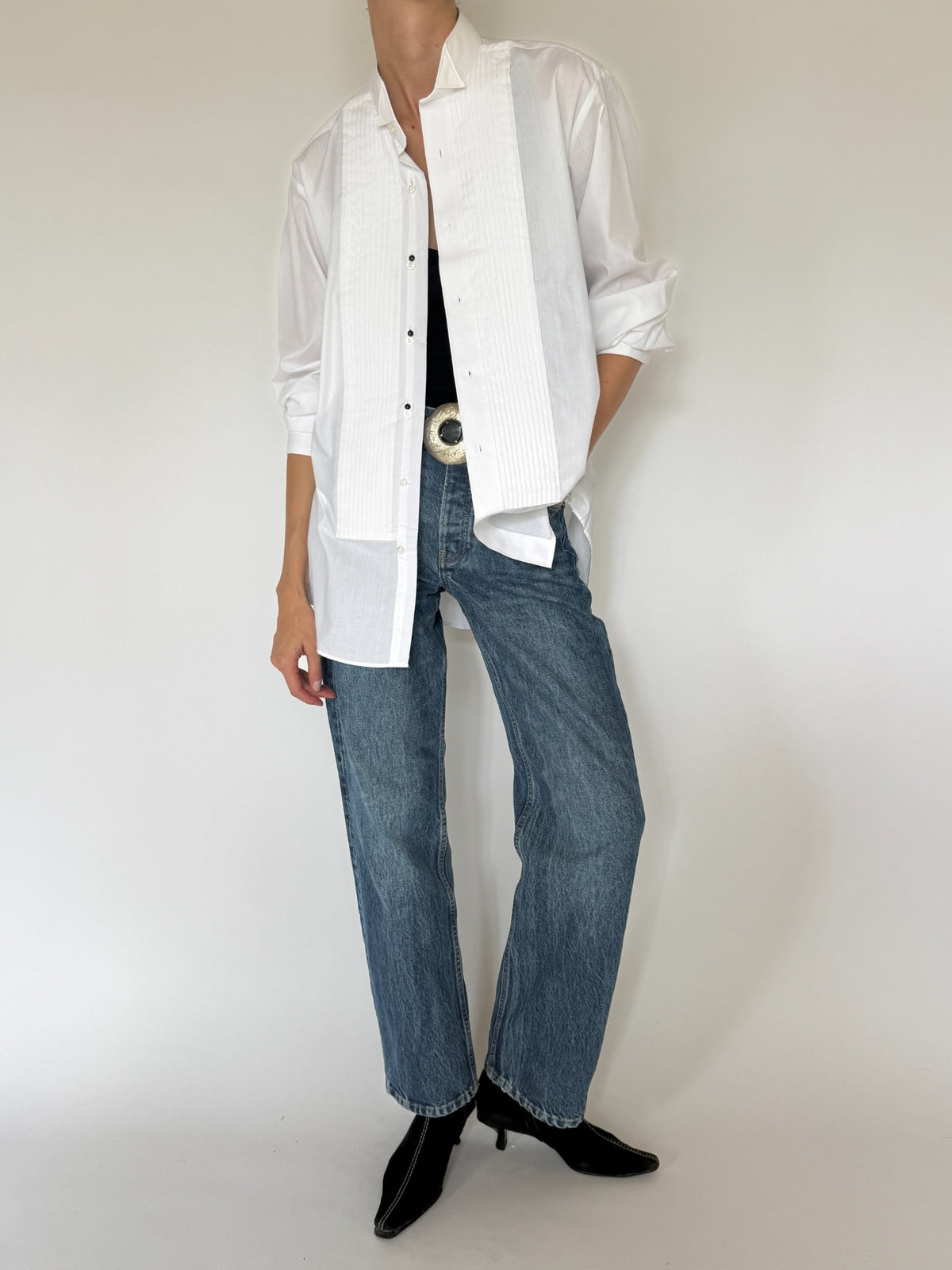 Vintage white tuxedo shirt front view styled open