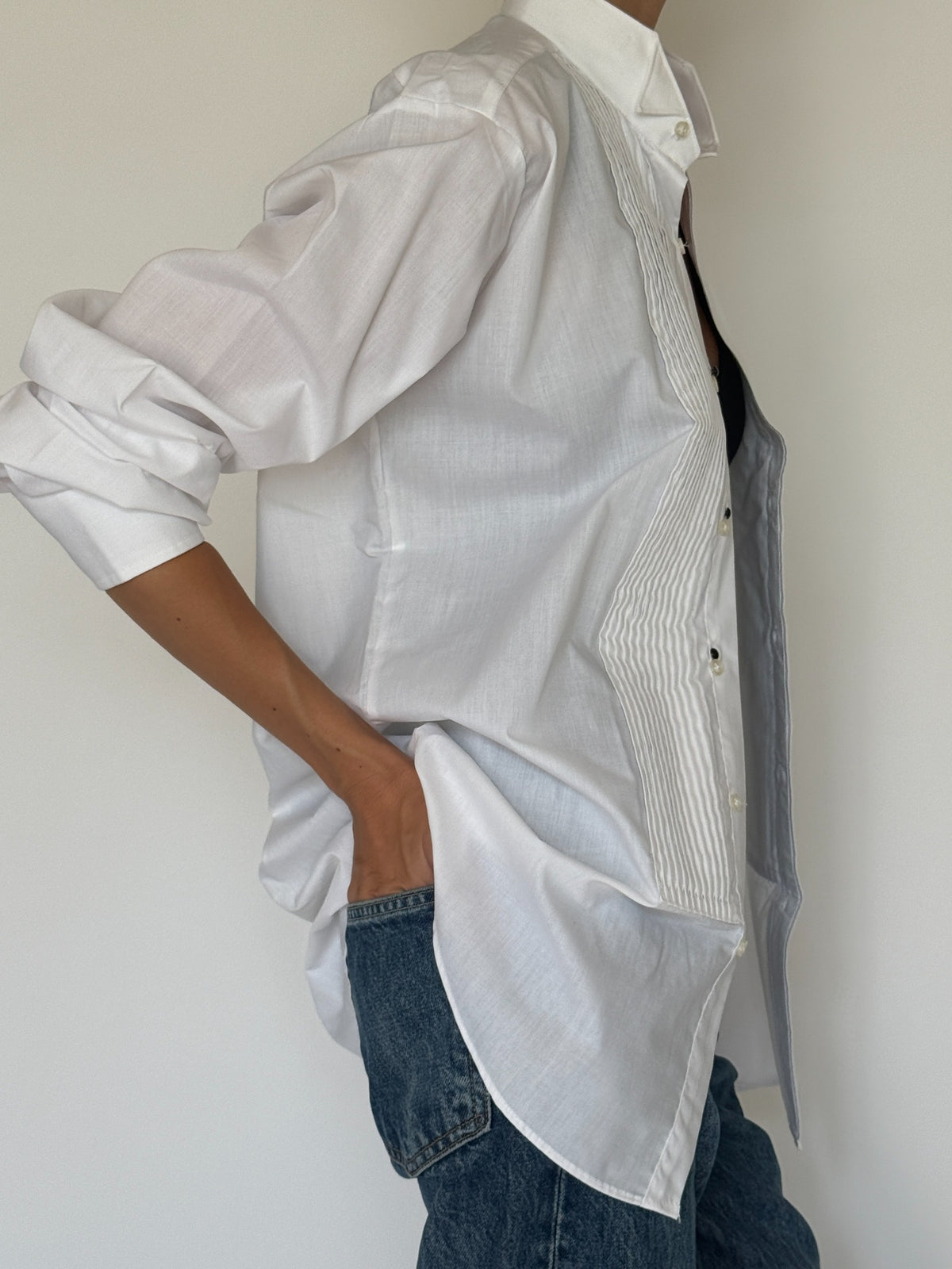 Vintage white tuxedo shirt side detail with pleated front