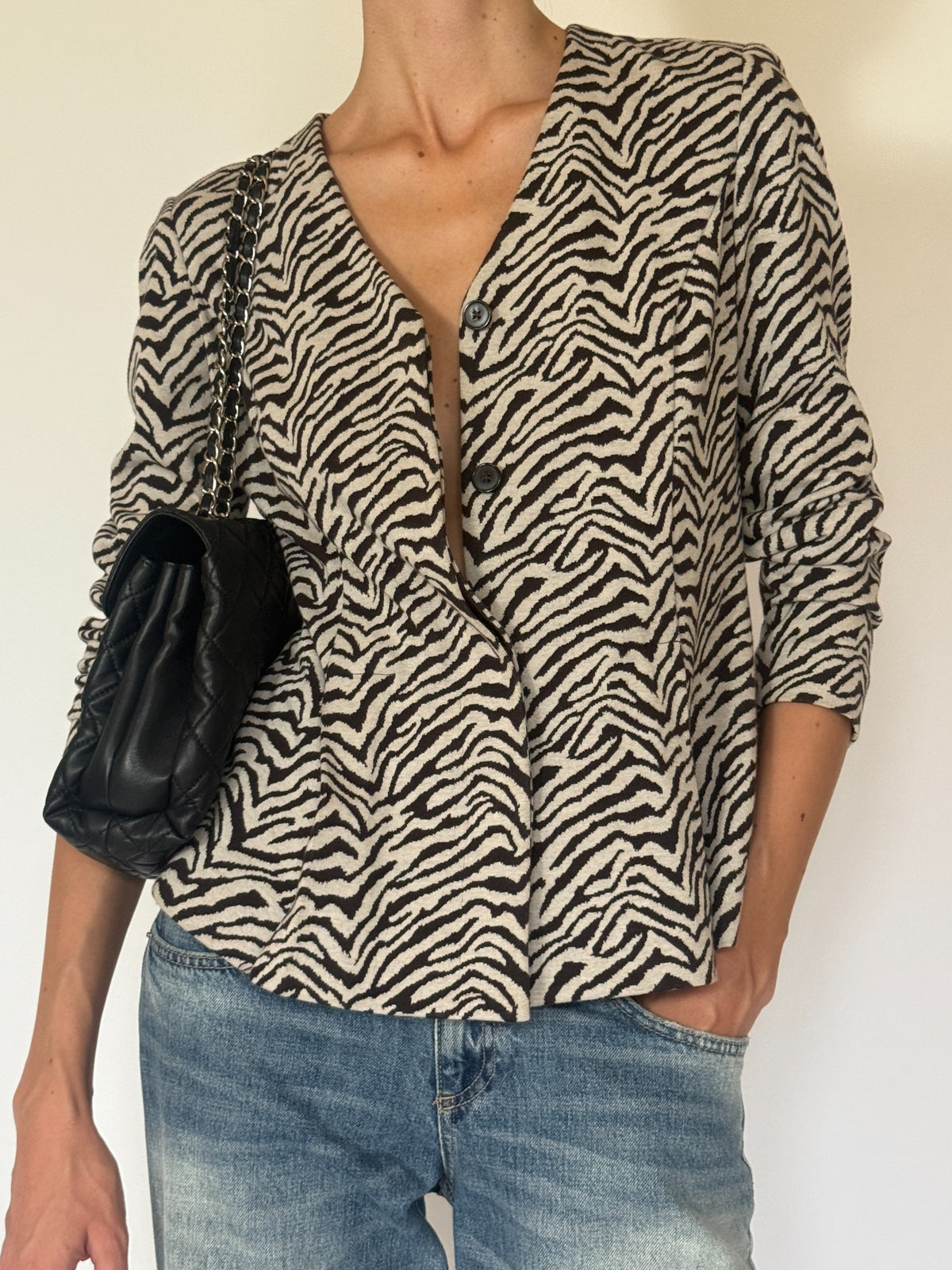 Vintage dark brown and cream zebra print knit jacket front view