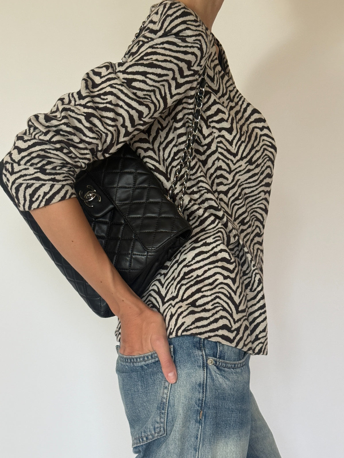 Vintage dark brown and cream zebra print knit jacket side view
