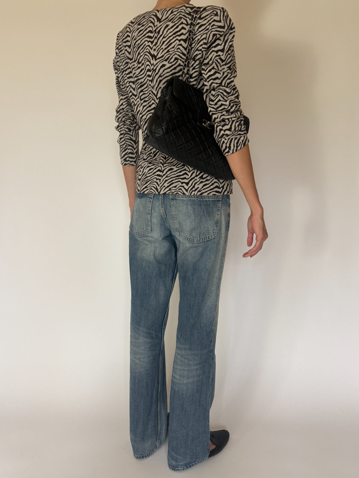 Vintage dark brown and cream zebra print knit jacket back view